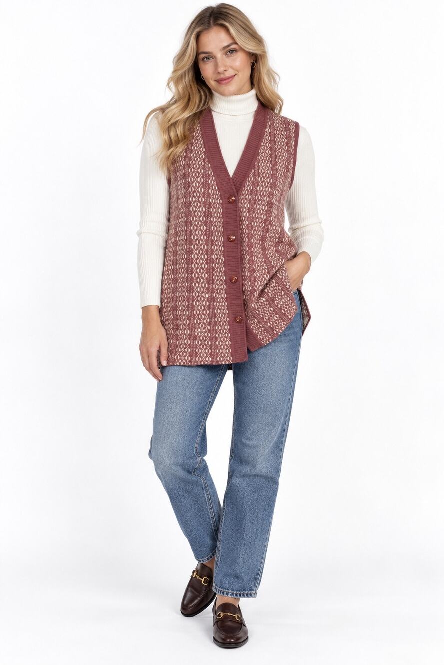 Vintage ‘80s Chuan Li Mauve & Cream V-Neck Button Front Knit Sweater Vest